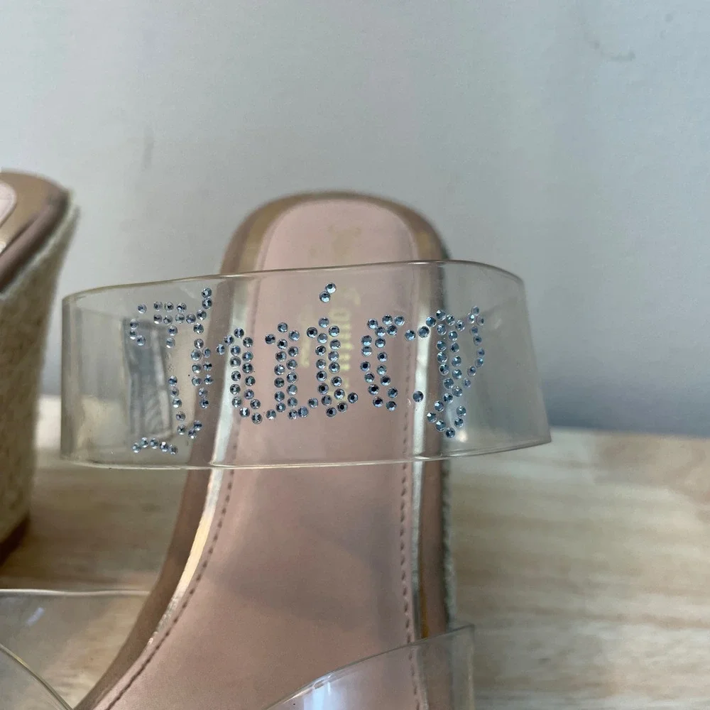 Juicy Couture Cristene Clear Rhinestone‎ Logo Espadrille Wedge Sandals Tan 9.5